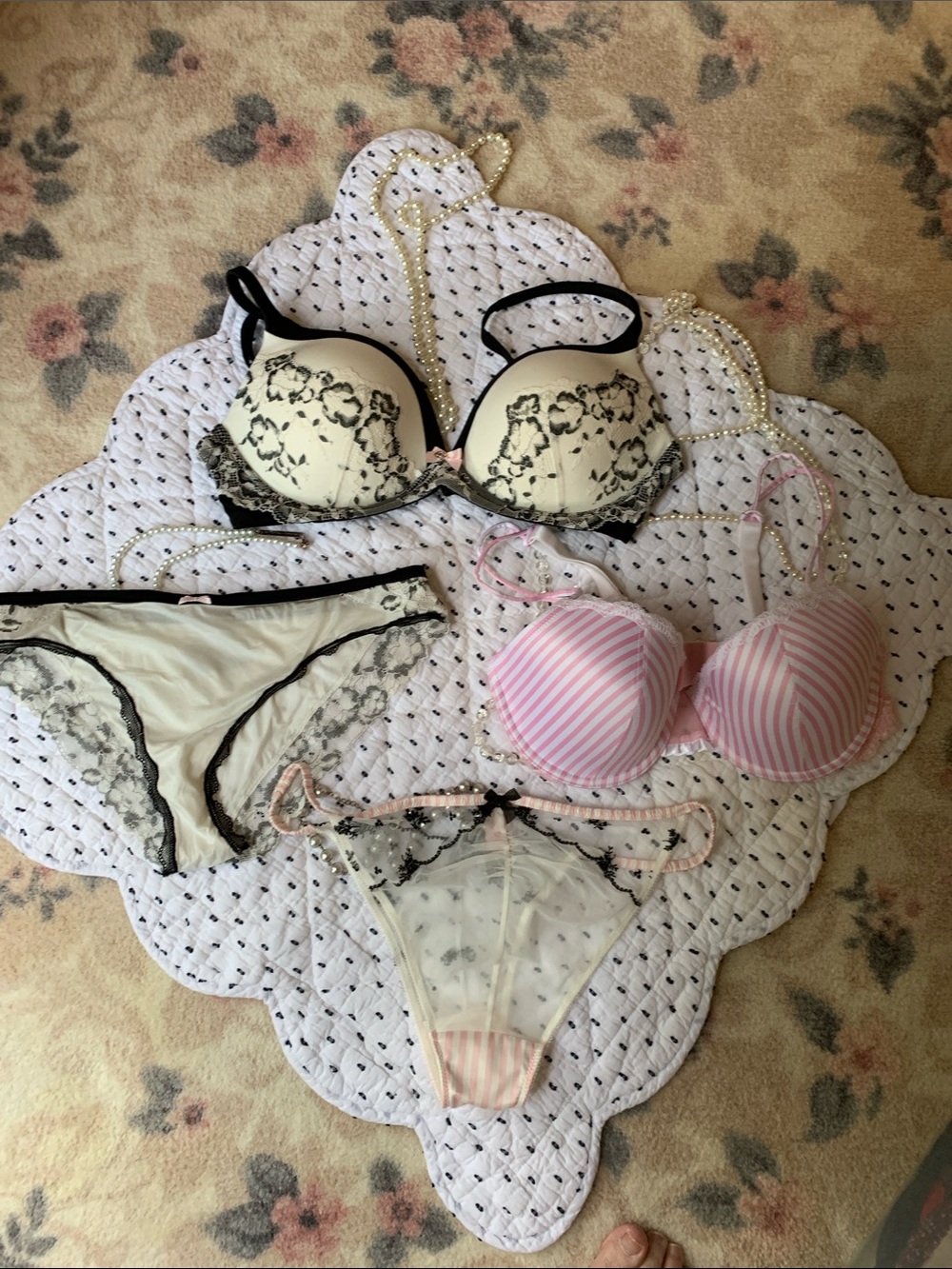 Victoria's Secret Cream & Pink Lace Bra and Panty Set